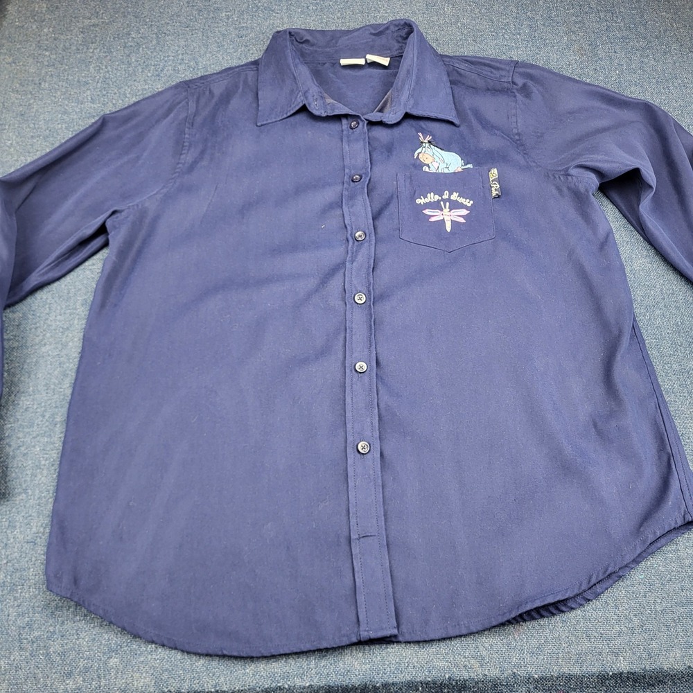Disney Eeyore Navy Blue Button Down Shirt XL Embroidered Hello I Guess Pocket